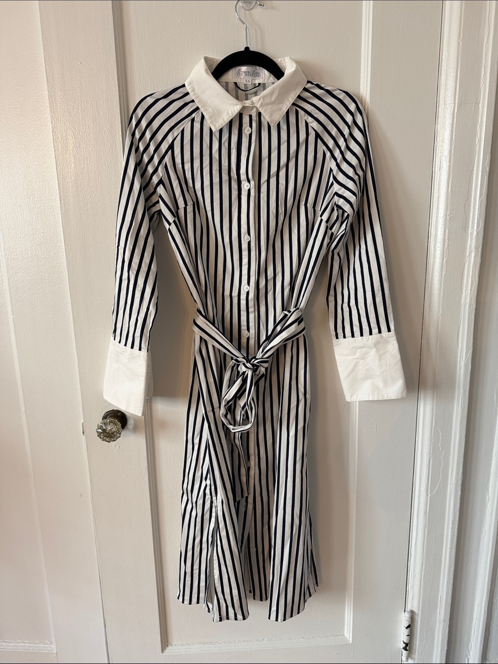 Striped Tie-Waist Shirt Robe - White & Black - Picture 3 of 11